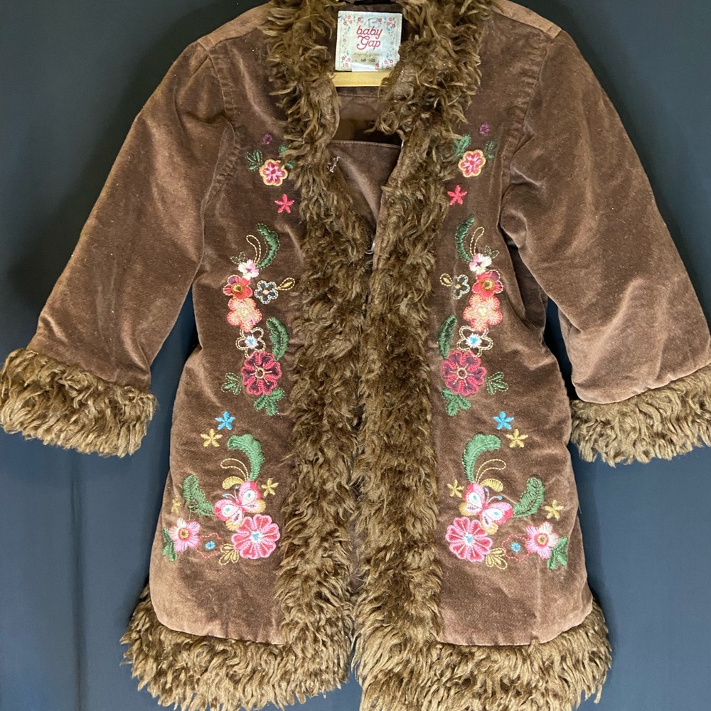 Baby Gap Girls Long Coat Brown Embroidery - vintage